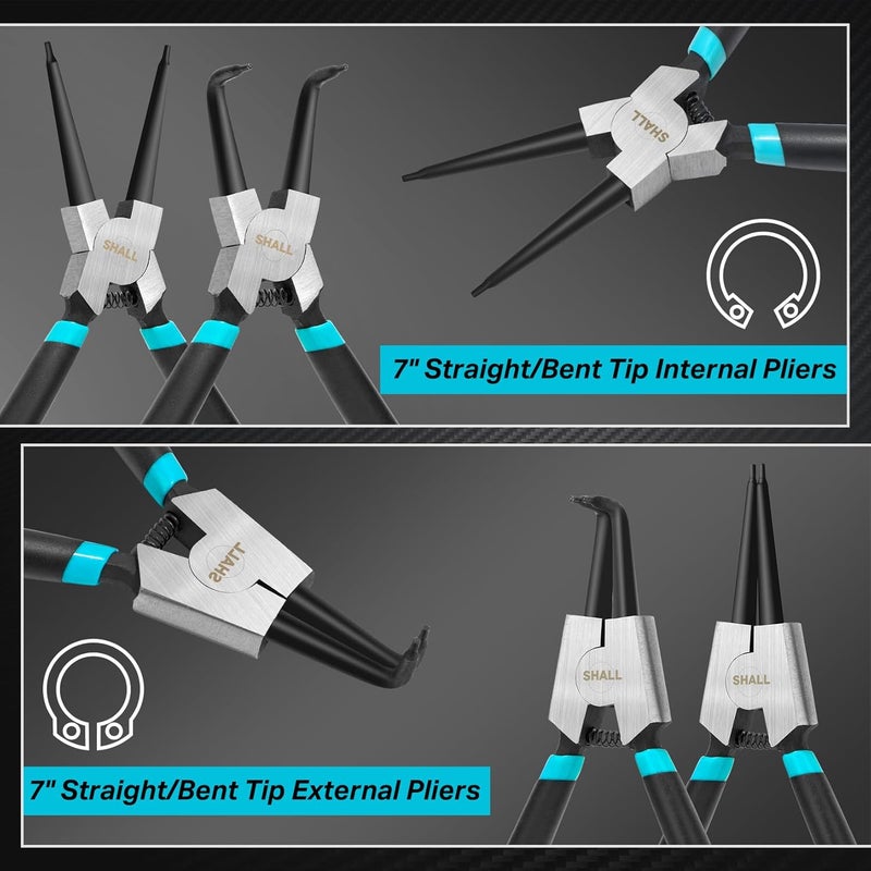 SHALL 4PCS Snap Ring Pliers Set, 7-Inch Internal External Circlip Pliers, Straight Bent C-clip Pliers Lock Ring Pliers, 5/64" Tip, Heavy Duty Reverse Pliers for Ring Remover Retaining w/Portable Pouch - Image 2